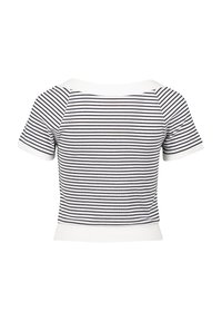 Striped cropped top in white and navy, featuring a wide neckline, short sleeves, and ribbed texture with solid white accents at the hems.