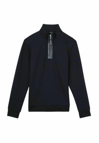 Pulover bleumarin cu guler înalt și fermoar pe jumătate, având un detaliu din piele. Textură netedă, cu manșete și tiv elastic.