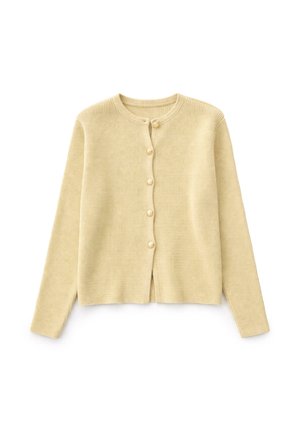 Bézs bordázott kötött kardigán hosszú ujjal, kerek nyakkivágással és hat gyöngygombbal az elején.