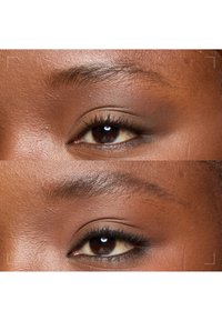 Close-up of a brown eye before and after applying mascara and eyeliner, showing enhanced eyelashes and eyelid definition.