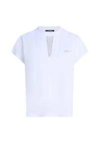 Weißes T-Shirt mit kurzen Ärmeln und hohem Kragen, das an der Vorderseite eine Kettenakzentuierung und ein gesticktes "Karl"-Logo in Grau auf der linken Seite aufweist.