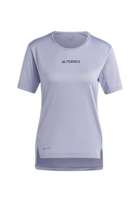 Lichtpaarse Terrex short-sleeve shirt, gemaakt van gladde, vochtregulerende stof; heeft een ronde hals en een logo op de voorkant.