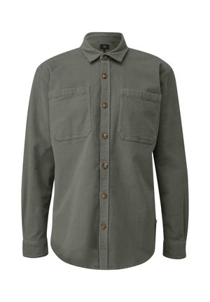 Olijfgroene corduroy shirt met een knoopsluiting, twee borstzakken en een puntige kraag. Voorzien van knopen in houttint en lange mouwen.