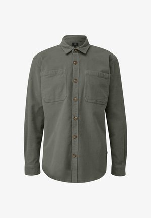Olivengrünes Cordhemd mit Knopfleiste, zwei Brusttaschen und spitzem Kragen. Mit Holzton-Knöpfen und langen Ärmeln.
