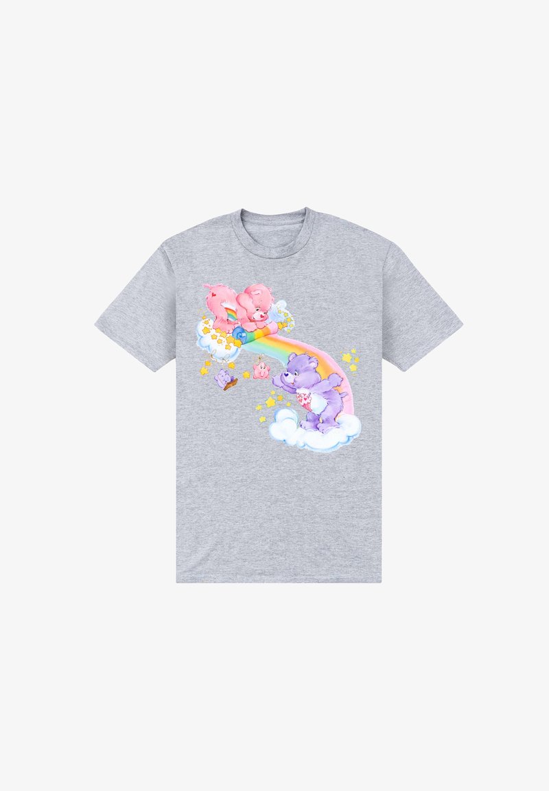 Camiseta de algodón gris con una estampado colorido de dos osos sobre un arcoíris entre nubes, con estrellas en tonos amarillos y morados.