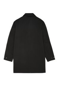 Cappotto lungo nero con forma dritta, colletto, maniche lunghe e polsini con bottoni. Tessuto liscio, uniforme senza motivi.