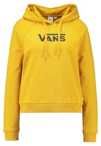 Felpa gialla in cotone, con tasca anteriore a marsupio, polsini e orlo a costine, e logo "VANS" stampato in nero.