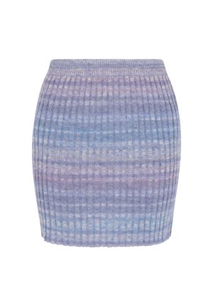 Csíkos kötött mini szoknya kék és lila színátmenetben, fitted siluettel és kényelmes gumis derékrésszel.
