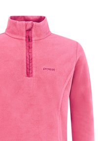 Fleece pullover in helder roze met een halve rits en hoge kraag. Voorzien van een subtiele "protest" logo op de borst. Zachte textuur.