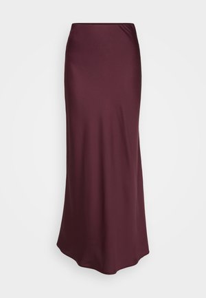 Burgundy satin maxi skirt with a smooth texture and fitted design, featuring a straight silhouette and subtle draping at the waist.