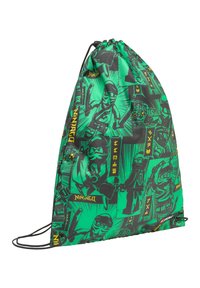 Rucsac cu snur, având un design vibrant verde, cu grafică de ninja negru și text galben. Fabricat dintr-un material ușor și durabil.