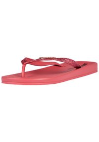 Pink flip-flop sandal featuring a textured sole, glittery straps, and a decorative accent. Made from rubberized material for durability.