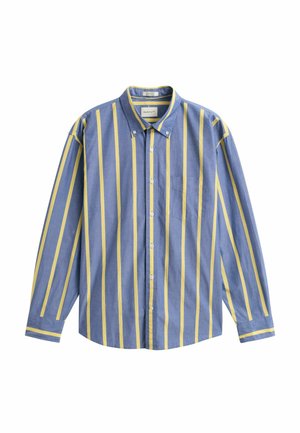 Chemise bleue à boutons avec des rayures verticales jaunes, une poche poitrine et un col boutonné, présentée sur un fond blanc.