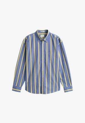 Camicia blu con bottoni, con strisce verticali gialle, taschino sul petto e colletto con bottoni, mostrata su sfondo bianco.