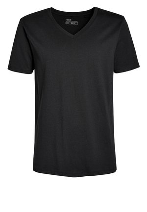T-shirt noir ajusté avec un col en V, des manches courtes et une texture en coton doux. Aucun motif ni matériel visible. Style classique et minimaliste.