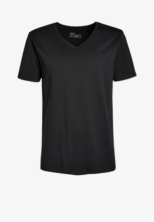 Musta slim-fit T-paita, jossa on V-pääntie, lyhyet hihat ja pehmeä puuvillakudos. Ei kuvioita eikä näkyvää varustusta. Klassinen, minimalistinen tyyli.