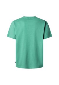 T-shirt à manches courtes uni de couleur vert menthe, col rond, présenté de dos sur un fond blanc.