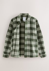 Groen-witte geruite overhemd van flanel, met een puntige kraag, knoopsluiting aan de voorkant en een borstzak. Zachte textuur.