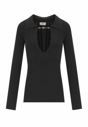 Maglione nero a maniche lunghe lavorato a maglia con scollatura a V profonda e colletto. Presenta un accent gold all'escot, creando un dettaglio sofisticato.
