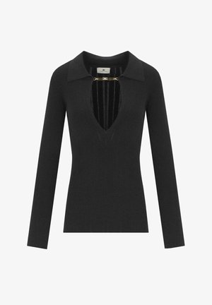 Maglione nero a maniche lunghe lavorato a maglia con scollatura a V profonda e colletto. Presenta un accent gold all'escot, creando un dettaglio sofisticato.