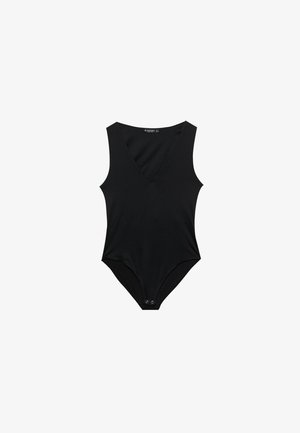 Čierny body s hlbokým výstrihom do V, bez rukávov, z mäkkého materiálu a so zapínaním na patentky v spodnej časti. Hladká textúra, priliehavý strih.