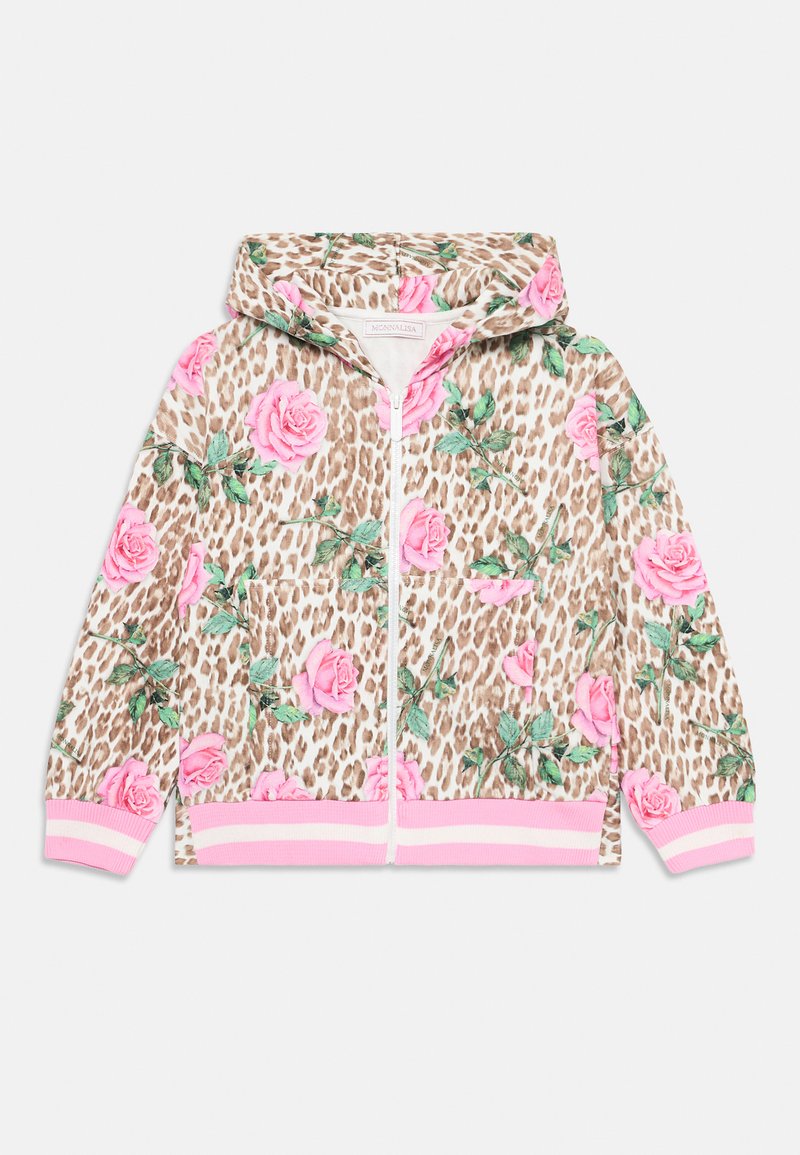 Veste à capuche zippée avec un design imprimé léopard agrémenté de roses roses et de feuilles vertes. Accentuée par des poignets et un ourlet en maille rose.