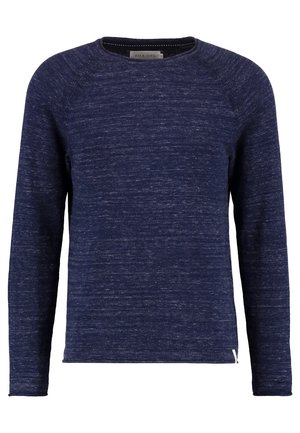 Mørkeblå langærmet sweater med tekstureret vævning, rund halsudskæring og raglanærmer. Har et lille logotag nederst i kanten.