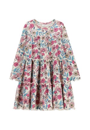 Kremowa sukienka z długim rękawem, z warstwową spódnicą i różowym, niebieskim oraz żółtym kwiatowym wzorem.