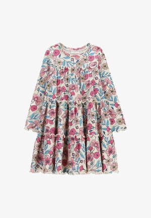 Kremowa sukienka z długim rękawem, z warstwową spódnicą i różowym, niebieskim oraz żółtym kwiatowym wzorem.