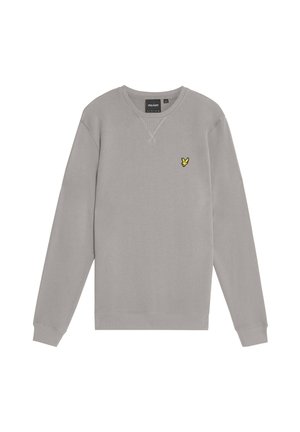 Sweatshirt cinzenta com decote redondo e punhos canelados. Apresenta um pequeno logotipo amarelo de borboleta no lado esquerdo do peito. Textura suave.
