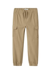 Pantalons cargo beige avec une taille élastique, un cordon de serrage et des poches latérales. Tissu léger avec une coupe décontractée et des chevilles resserrées.
