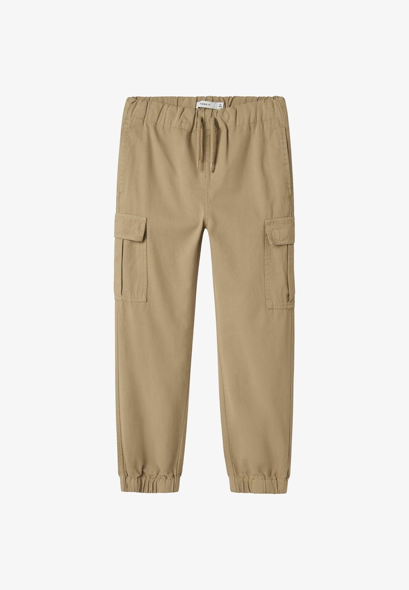 Beige Cargo-Hosen mit elastischem Bund, Kordelzug und Seitentaschen. Leichtes Material mit lockerer Passform und umgeschlagenen Knöcheln.