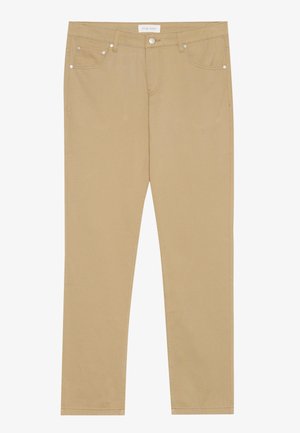 Khaaki slim-fit nadrág, sima pamut anyagból készült, öt zsebével és diszkrét varrási részletekkel. Ezüst hardware elemek jellemzik.