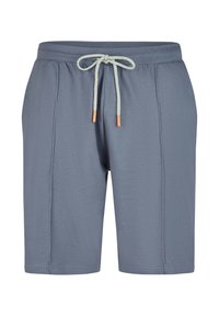 Pánské šortky ze světle šedé látky s elastickým pasem, nastavitelní světlé šedé stahovací šňůrkou a prošívanými detaily na přední straně.