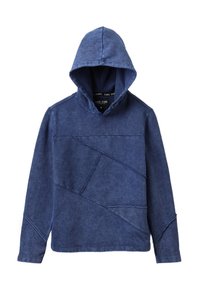 Felpa con cappuccio blu realizzata in denim, caratterizzata da un design asimmetrico con cuciture distintive e una vestibilità rilassata, finitura testurizzata.