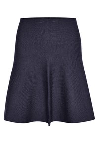 Granatowa spódnica w kształcie dzwonu, wykonana z teksturowanej tkaniny, z wysokim stanem i zwiewnym krojem, bez widocznych zapięć ani wzorów.