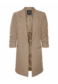 Béžové sako s dlouhými rukávy, klopami s výřezem, dvěma předními kapsami a hladkou saténovou podšívkou. Minimalistický design a přizpůsobený střih.