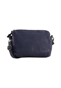 Navyblaue Leder-Crossbody-Tasche mit verstellbarem Riemen, Metallverschluss und oberem Reißverschluss auf weißem Hintergrund.