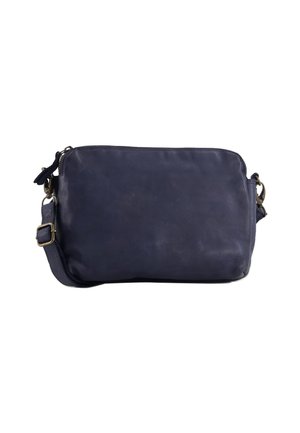 Navyblaue Leder-Crossbody-Tasche mit verstellbarem Riemen, Metallverschluss und oberem Reißverschluss auf weißem Hintergrund.