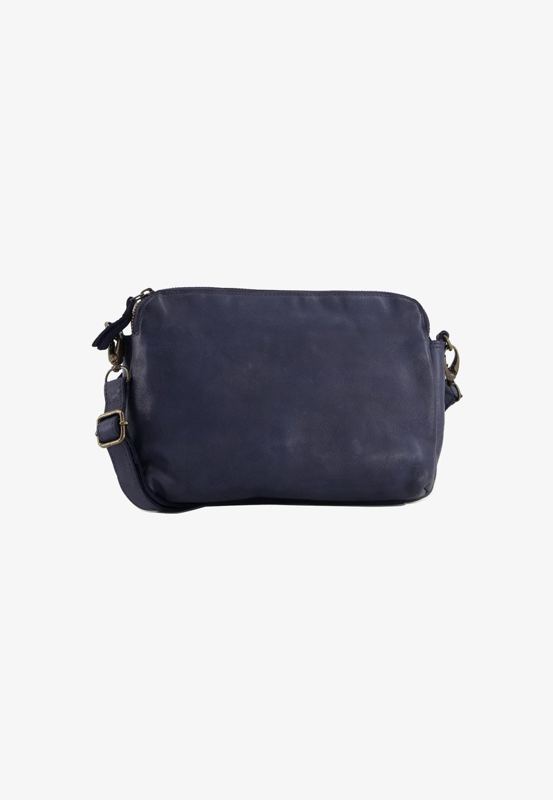 Navyblaue Leder-Crossbody-Tasche mit verstellbarem Riemen, Metallverschluss und oberem Reißverschluss auf weißem Hintergrund.