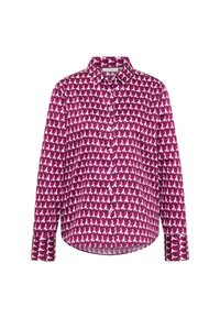 Langärmliges Hemd mit Knöpfen, versehen mit einem geometrischen Segelboot-Muster in Pink, Weiß und Dunkellila, klassischem Kragen und abgerundetem Saum.