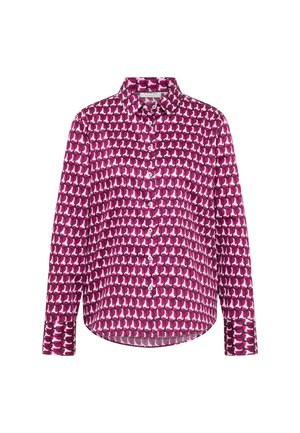 Camicia a maniche lunghe con pattern geometrico di barche a vela in rosa, bianco e viola scuro, colletto classico e orlo curvo.