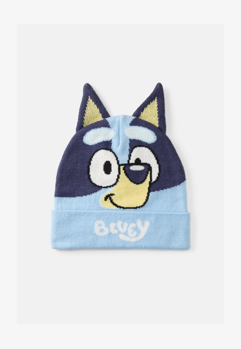 Modrá pletená čepice s designem karikatury psa v modrých a námořnických barvách, s 3D ušima a přeloženým lemem, na kterém je bíle napsáno "Bluey".