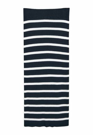 Knitted skirt featuring a horizontal stripe pattern in navy blue and white, with a straight shape and a soft texture.