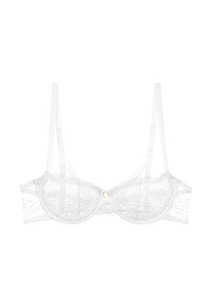 Biały biustonosz z koronki z fiszbinami, regulowanymi ramiączkami i małym złotym pierścieniem na środku z przodu.