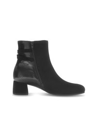 Bottines noires avec un panneau en cuir de serpent texturé et une fermeture éclair sur le côté. Présente un talon carré et un matériau supérieur lisse.