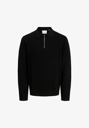 Crni pulover dugih rukava s polo ovratnikom i otvorom na polovici s patentnim zatvaračem.