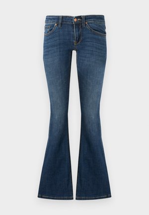 Donkerblauwe flared jeans van denim, met een vijf-pocket ontwerp, riemlussen en een sluiting met een knoop aan de voorkant. Soepele textuur met minimale vervaging.
