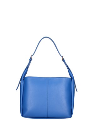 Borsa a tracolla in pelle blu con texture liscia, forma rettangolare, cinturino singolo e dettagli di cucitura discreti sul davanti.