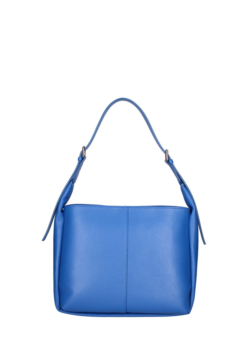 Borsa a tracolla in pelle blu con texture liscia, forma rettangolare, cinturino singolo e dettagli di cucitura discreti sul davanti.